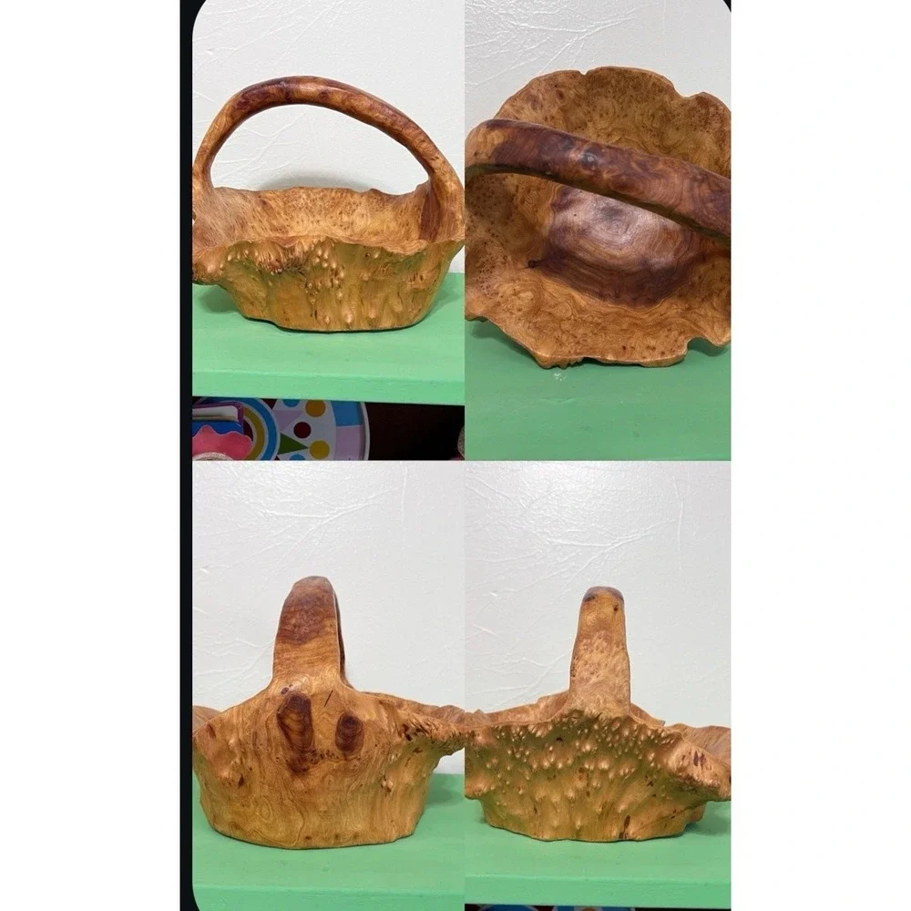 MCM Hand Carved Burl Wood Basket Handle Knobby Unique Boho Cabin Nature VTG‎